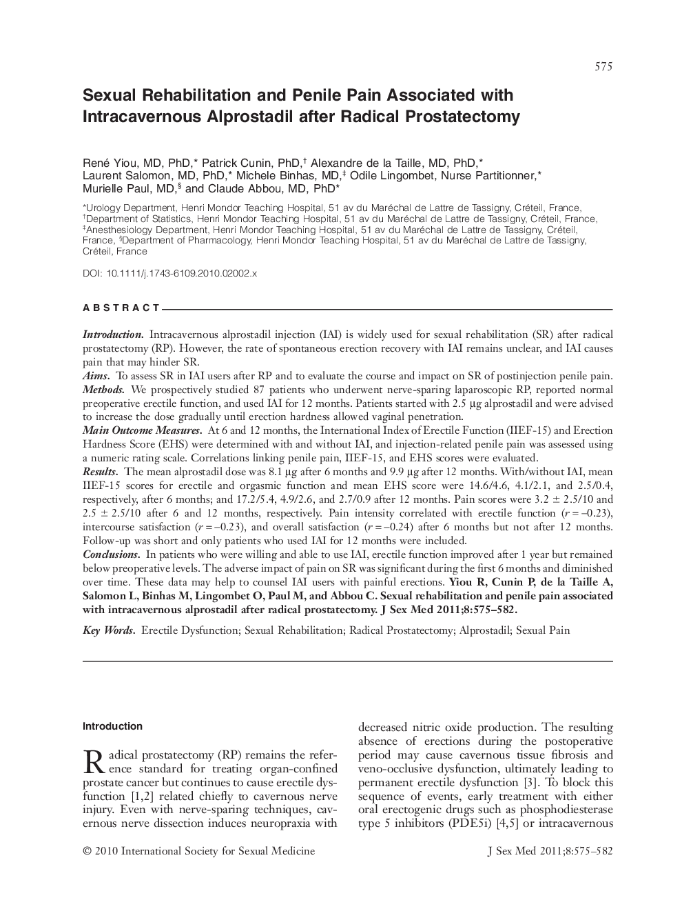 Sexual Rehabilitation and Penile Pain Associated with Intracavernous Alprostadil after Radical Prostatectomy