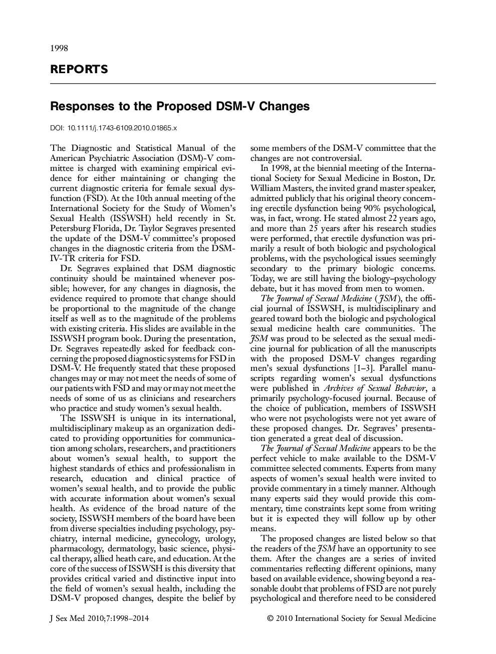 Responses to the Proposed DSM-V Changes