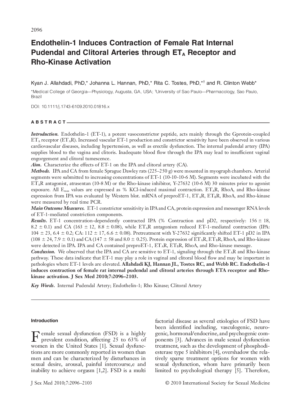 Endothelin-1 Induces Contraction of Female Rat Internal Pudendal and Clitoral Arteries through ETA Receptor and Rho-Kinase Activation