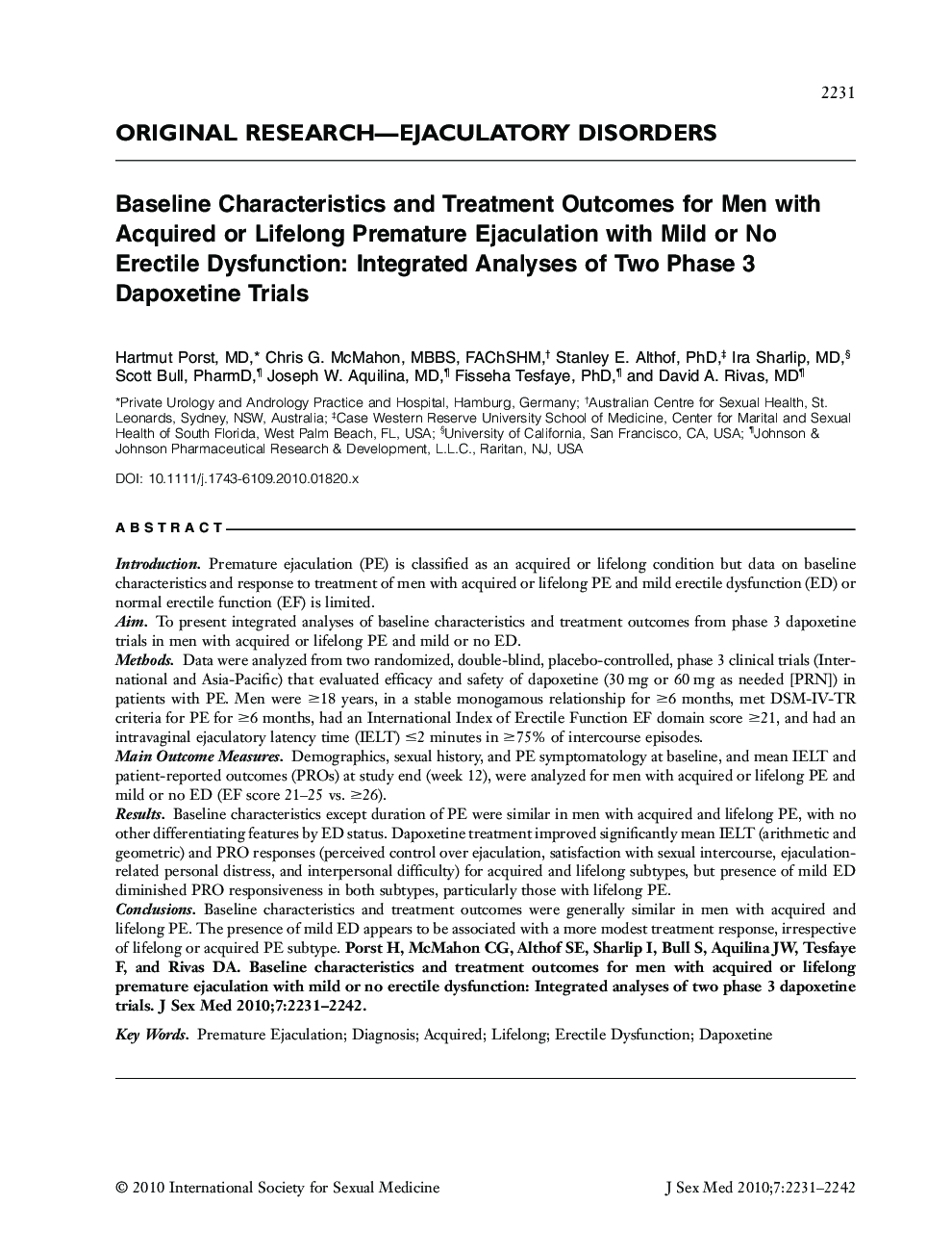 Baseline Characteristics and Treatment Outcomes for Men with Acquired or Lifelong Premature Ejaculation with Mild or No Erectile Dysfunction: Integrated Analyses of Two Phase 3 Dapoxetine Trials