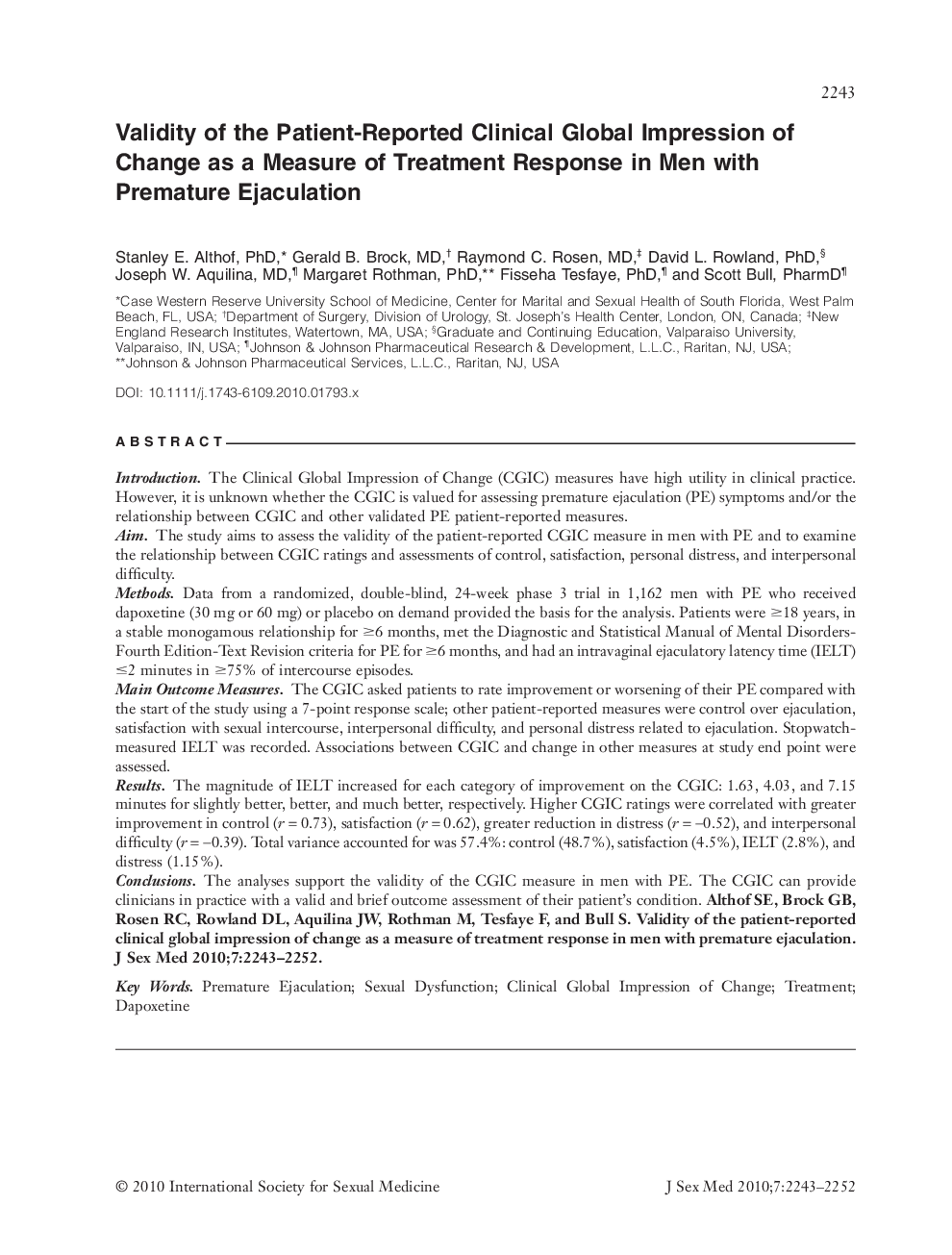 Validity of the Patient-Reported Clinical Global Impression of Change as a Measure of Treatment Response in Men with Premature Ejaculation