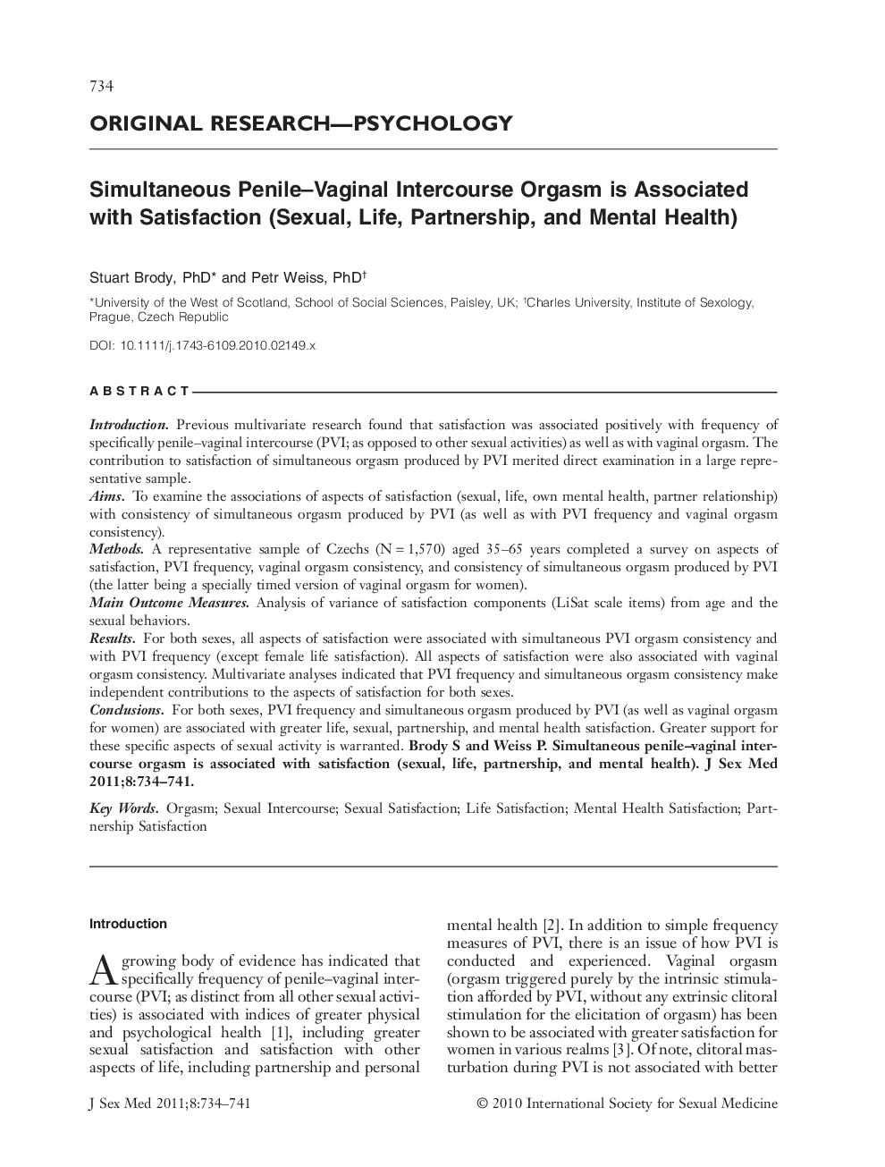 Simultaneous Penile-Vaginal Intercourse Orgasm is Associated with Satisfaction (Sexual, Life, Partnership, and Mental Health)