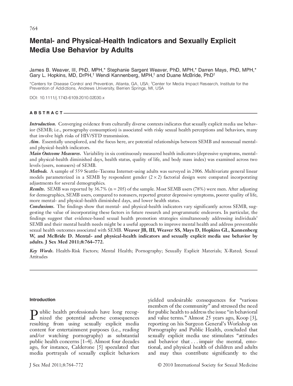 Mentalâ and PhysicalâHealth Indicators and Sexually Explicit Media Use Behavior by Adults