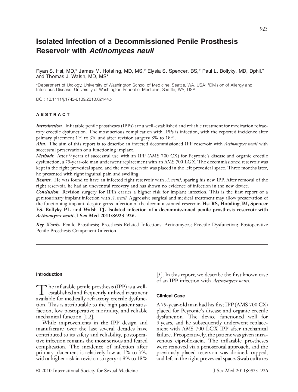 Isolated Infection of a Decommissioned Penile Prosthesis Reservoir with Actinomyces neuii