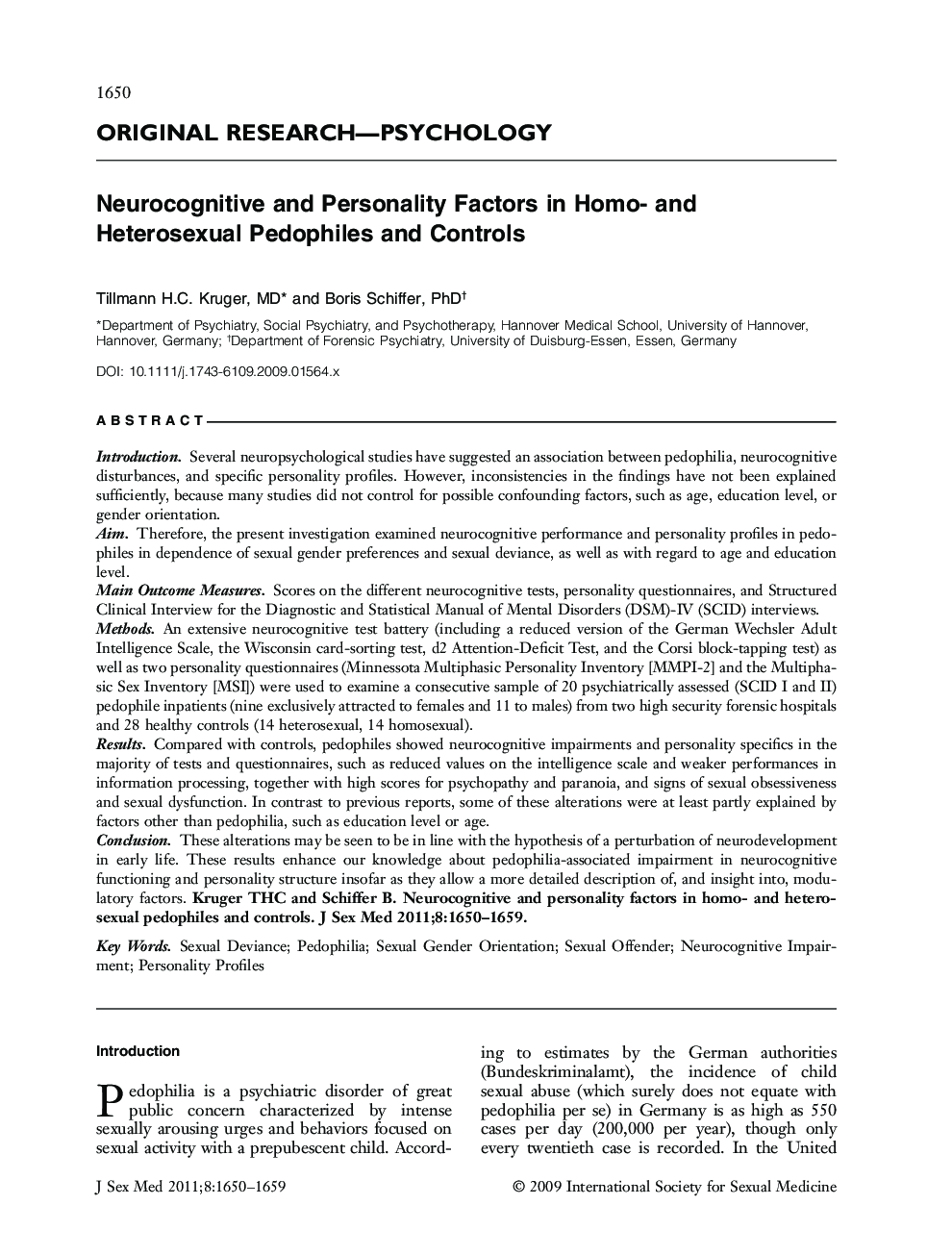 Neurocognitive and Personality Factors in Homo- and Heterosexual Pedophiles and Controls