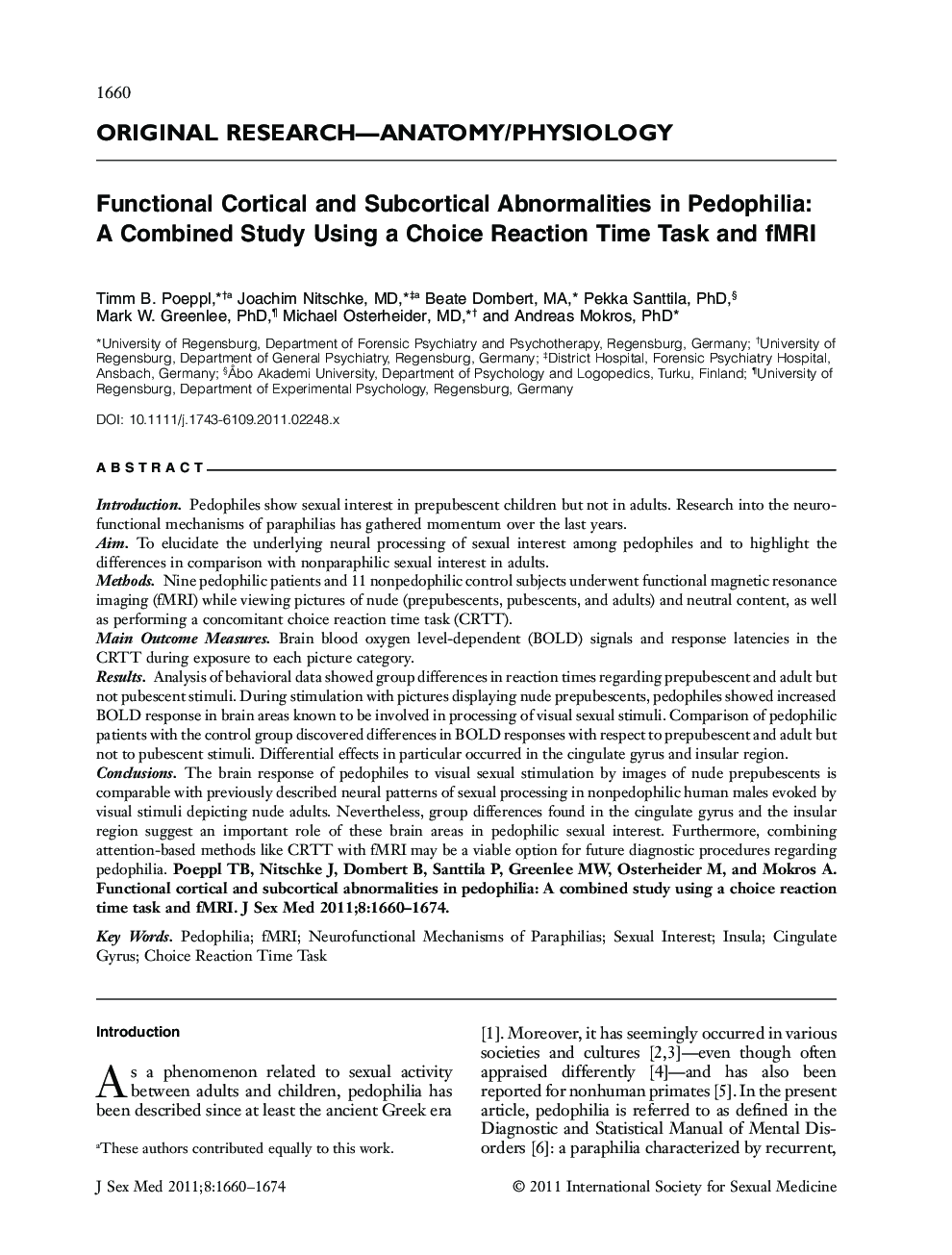 Functional Cortical and Subcortical Abnormalities in Pedophilia: A Combined Study Using a Choice Reaction Time Task and fMRI