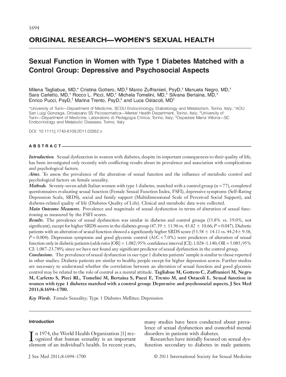 Sexual Function in Women with Type 1 Diabetes Matched with a Control Group: Depressive and Psychosocial Aspects