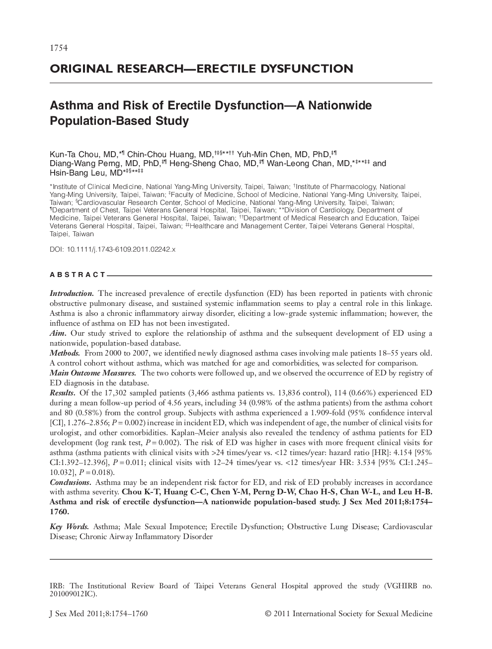 Asthma and Risk of Erectile Dysfunction-A Nationwide Population-Based Study