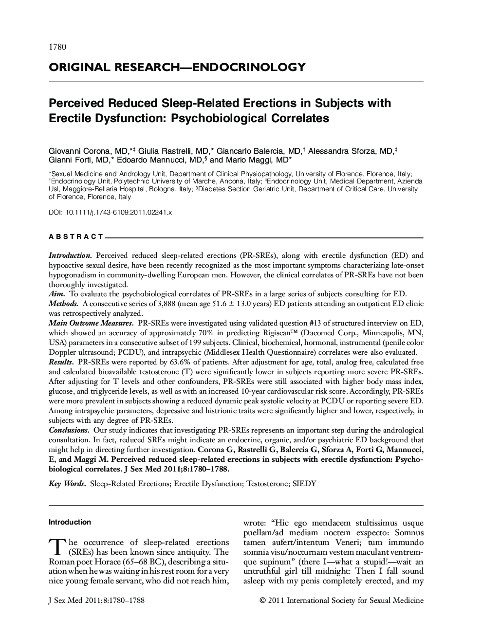 Perceived Reduced Sleep-Related Erections in Subjects with Erectile Dysfunction: Psychobiological Correlates