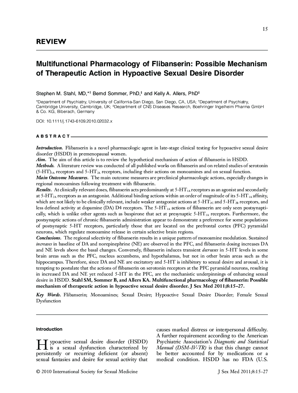 Multifunctional Pharmacology of Flibanserin: Possible Mechanism of Therapeutic Action in Hypoactive Sexual Desire Disorder