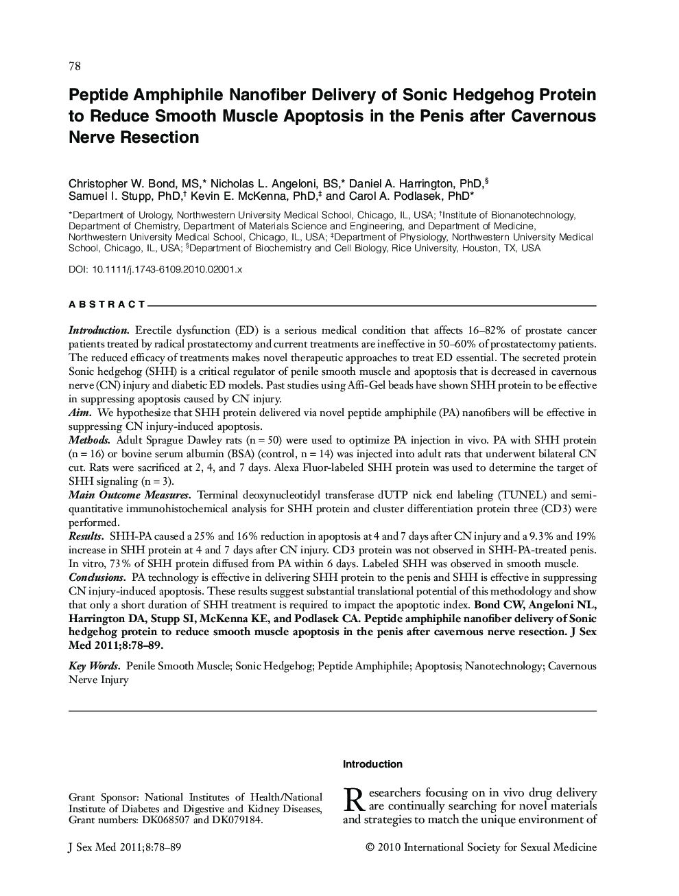 Peptide Amphiphile Nanofiber Delivery of Sonic Hedgehog Protein to Reduce Smooth Muscle Apoptosis in the Penis after Cavernous Nerve Resection