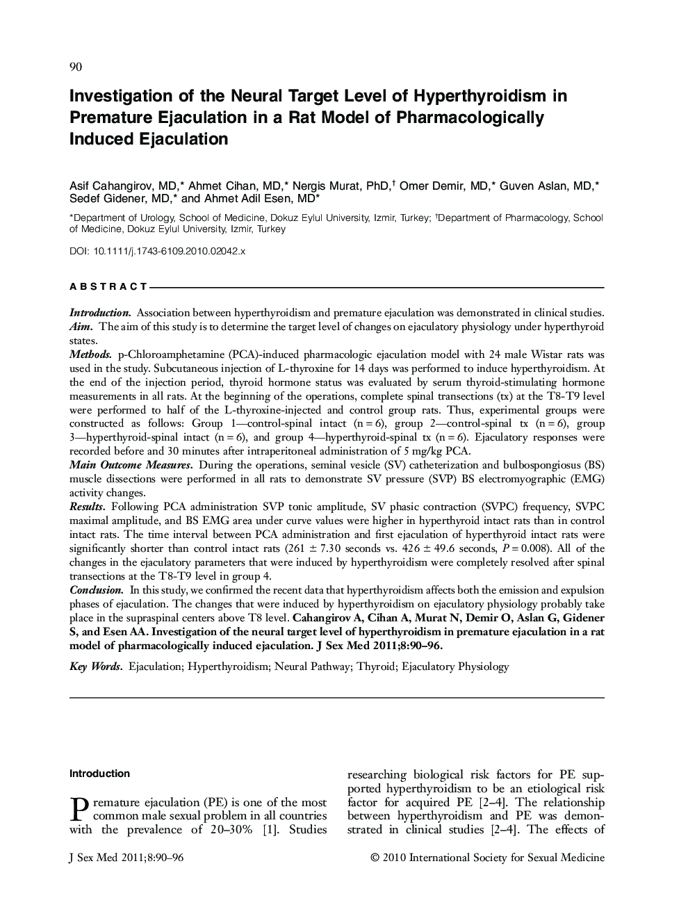 Investigation of the Neural Target Level of Hyperthyroidism in Premature Ejaculation in a Rat Model of Pharmacologically Induced Ejaculation