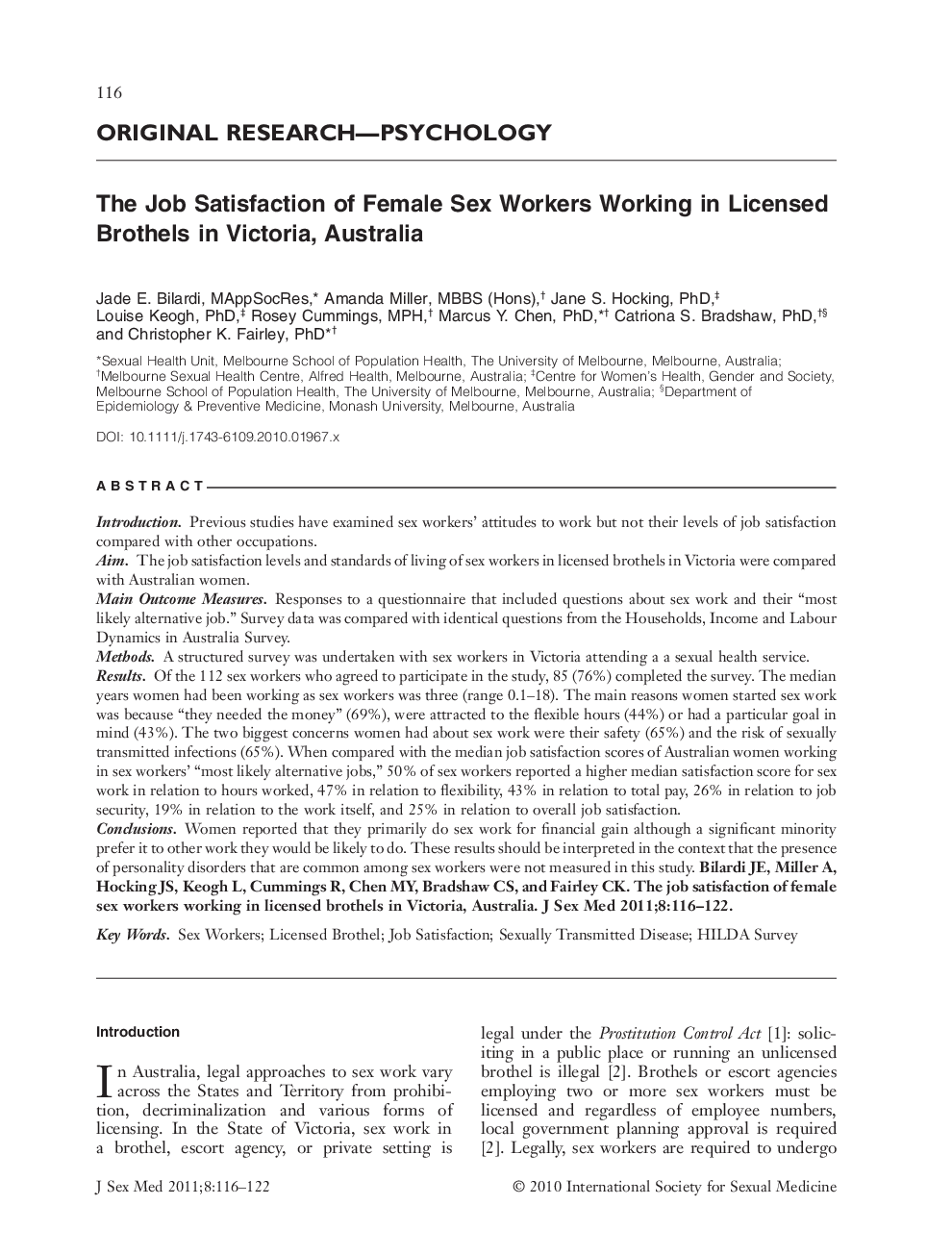 The Job Satisfaction of Female Sex Workers Working in Licensed Brothels in Victoria, Australia