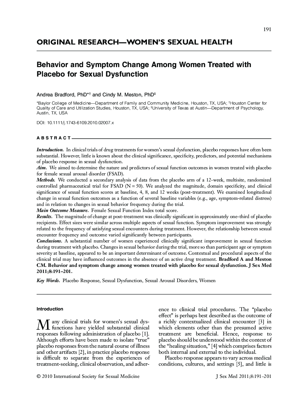 Behavior and Symptom Change Among Women Treated with Placebo for Sexual Dysfunction