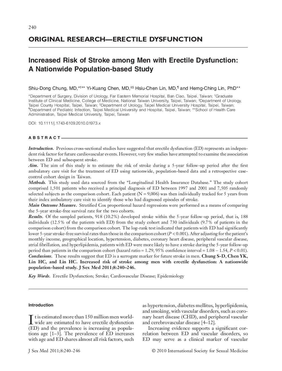 Increased Risk of Stroke among Men with Erectile Dysfunction: A Nationwide Populationâbased Study