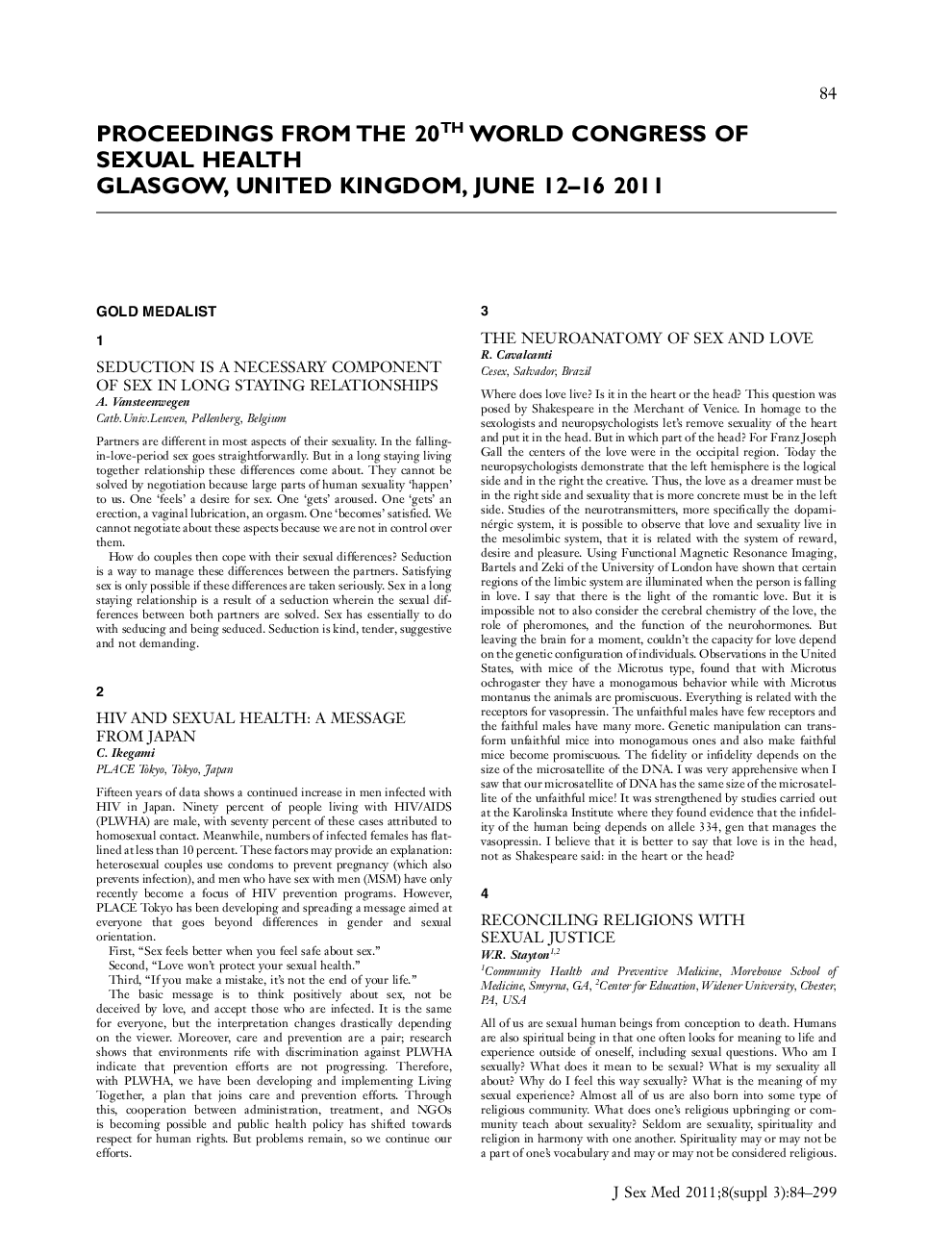 PROCEEDINGS FROM THE 20TH WORLD CONGRESS OF SEXUAL HEALTH GLASGOW, UNITED KINGDOM, JUNE 12-16 2011