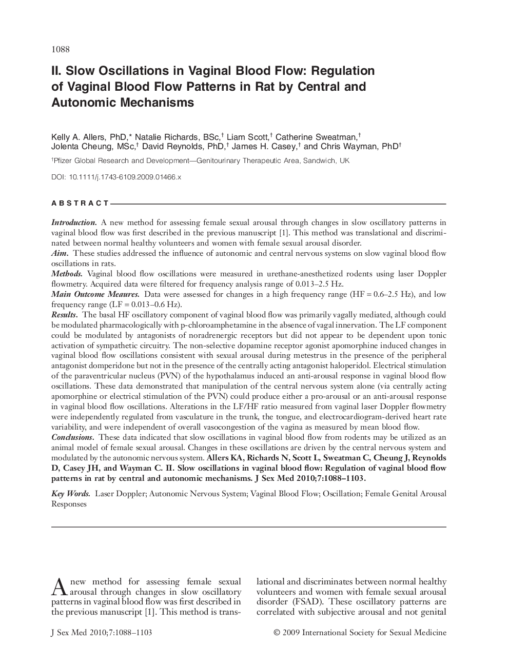 II. Slow Oscillations in Vaginal Blood Flow: Regulation of Vaginal Blood Flow Patterns in Rat by Central and Autonomic Mechanisms