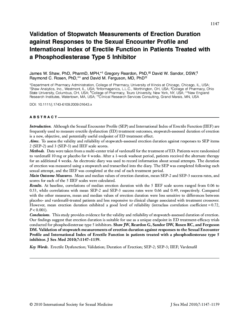 Validation of Stopwatch Measurements of Erection Duration against Responses to the Sexual Encounter Profile and International Index of Erectile Function in Patients Treated with a Phosphodiesterase Type 5 Inhibitor