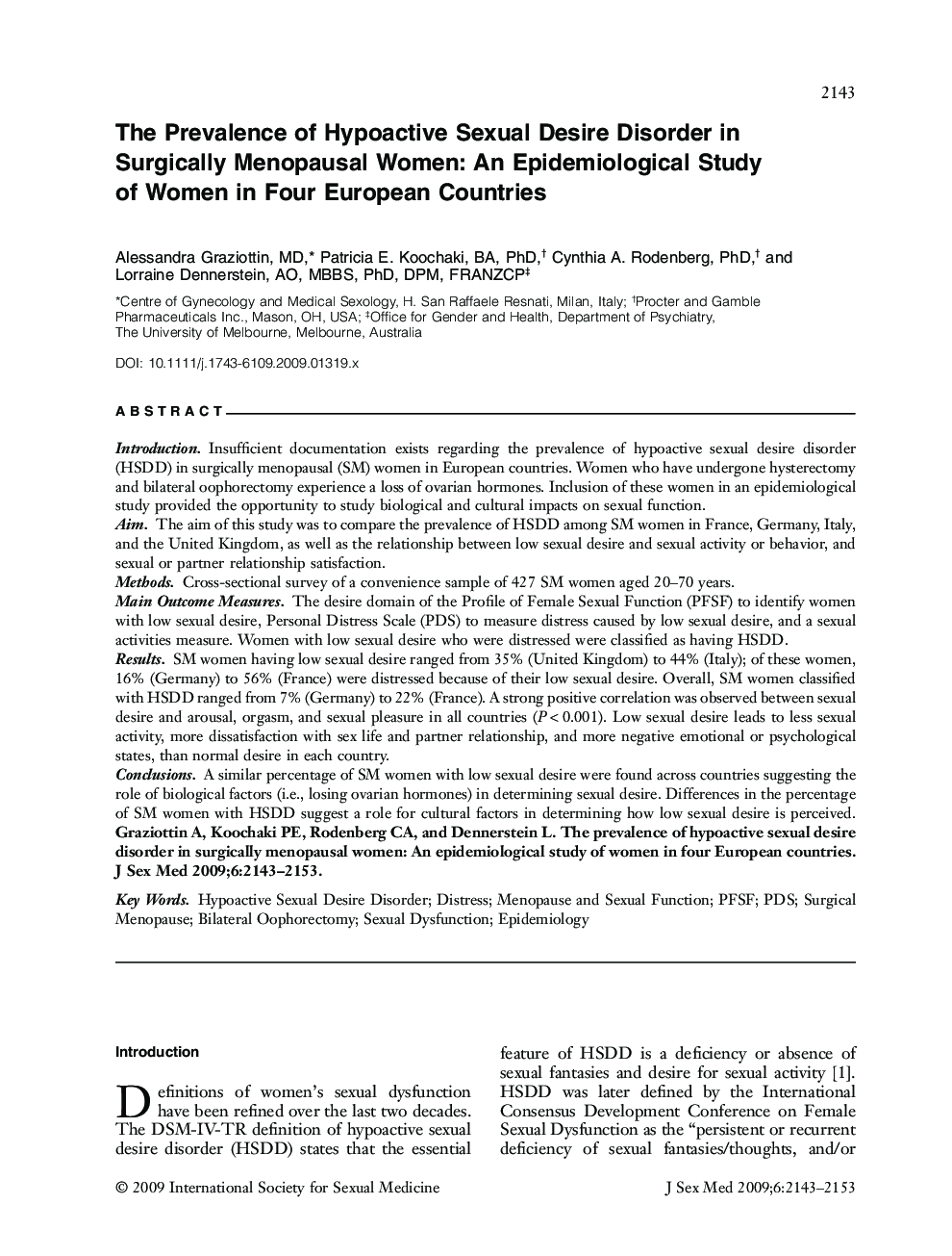 The Prevalence of Hypoactive Sexual Desire Disorder in Surgically Menopausal Women: An Epidemiological Study of Women in Four European Countries