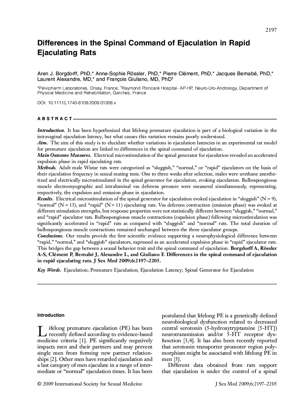 Differences in the Spinal Command of Ejaculation in Rapid Ejaculating Rats