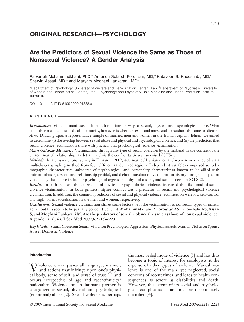 Are the Predictors of Sexual Violence the Same as Those of Nonsexual Violence? A Gender Analysis