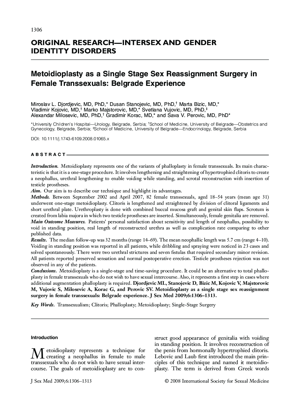 ORIGINAL RESEARCH-INTERSEX AND GENDER IDENTITY DISORDERS: Metoidioplasty as a Single Stage Sex Reassignment Surgery in Female Transsexuals: Belgrade Experience