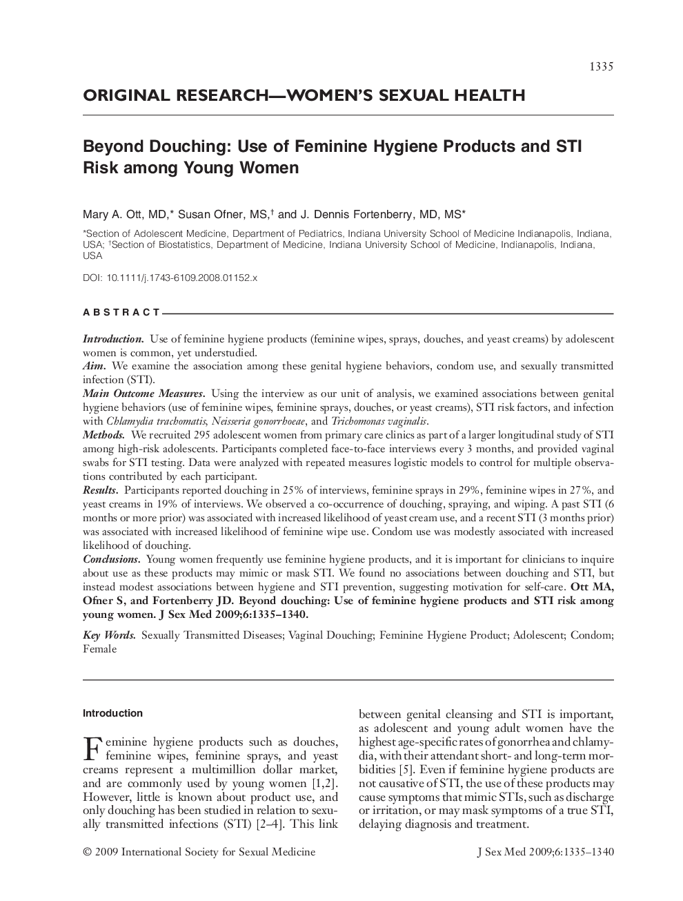 ORIGINAL RESEARCH-WOMEN'S SEXUAL HEALTH: Beyond Douching: Use of Feminine Hygiene Products and STI Risk among Young Women