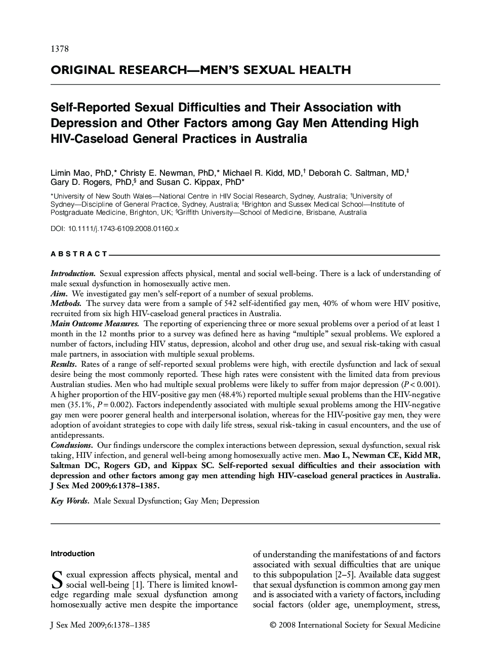 ORIGINAL RESEARCH-MEN'S SEXUAL HEALTH: Self-Reported Sexual Difficulties and Their Association with Depression and Other Factors among Gay Men Attending High HIV-Caseload General Practices in Australia