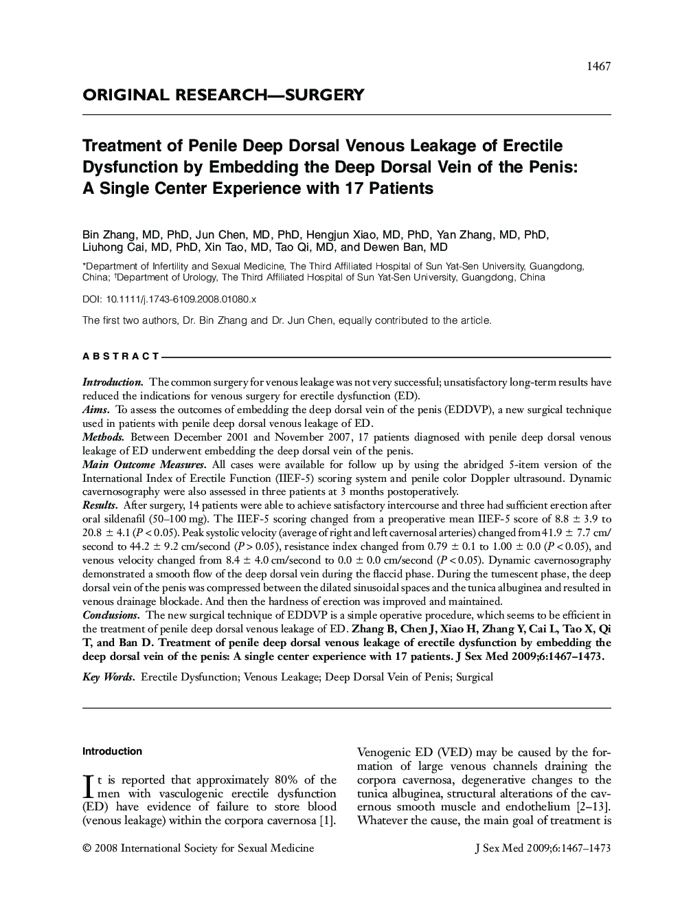 ORIGINAL RESEARCH-SURGERY: Treatment of Penile Deep Dorsal Venous Leakage of Erectile Dysfunction by Embedding the Deep Dorsal Vein of the Penis: A Single Center Experience with 17 Patients