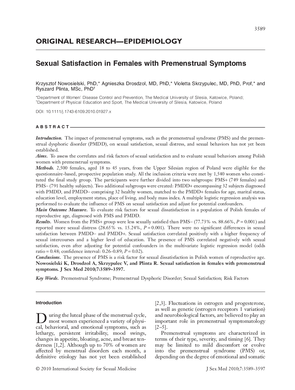 Sexual Satisfaction in Females with Premenstrual Symptoms