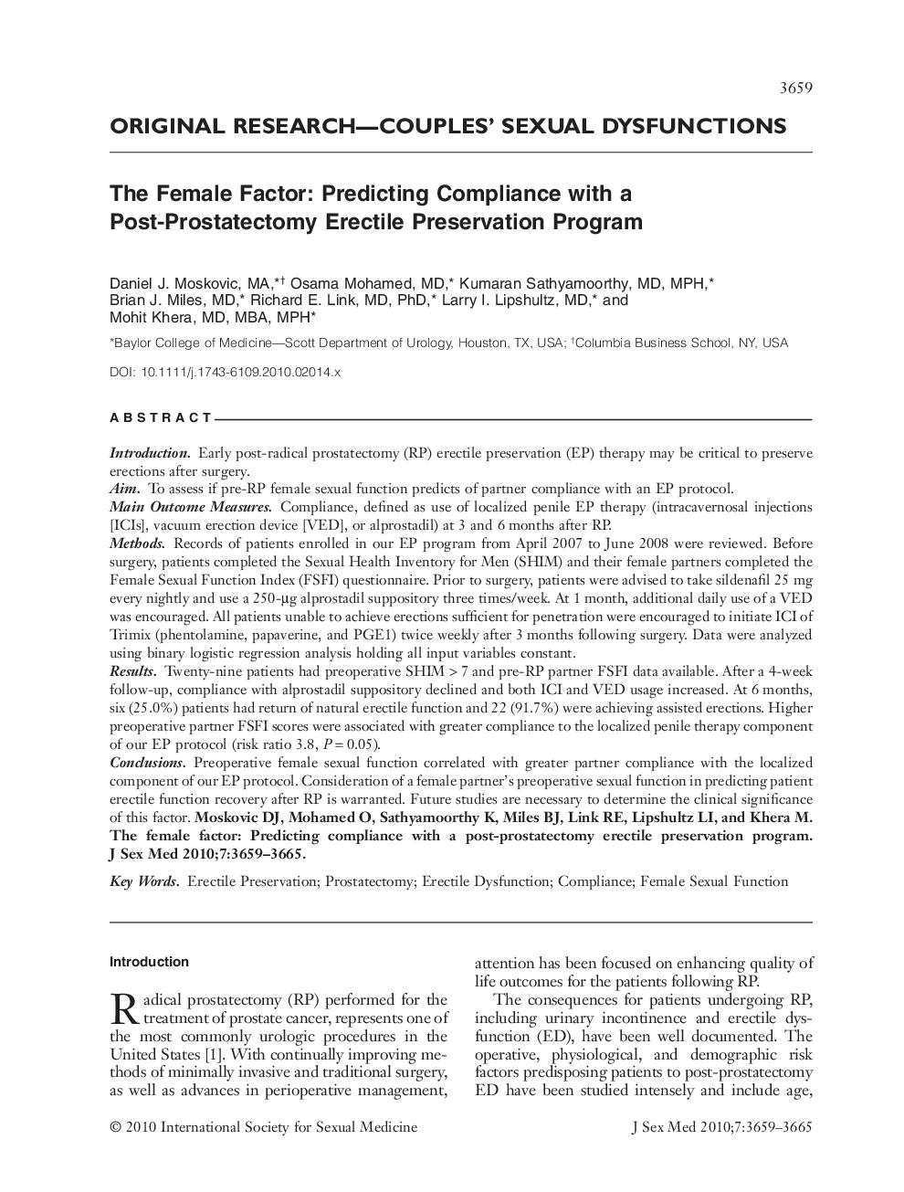 The Female Factor: Predicting Compliance with a Post-Prostatectomy Erectile Preservation Program