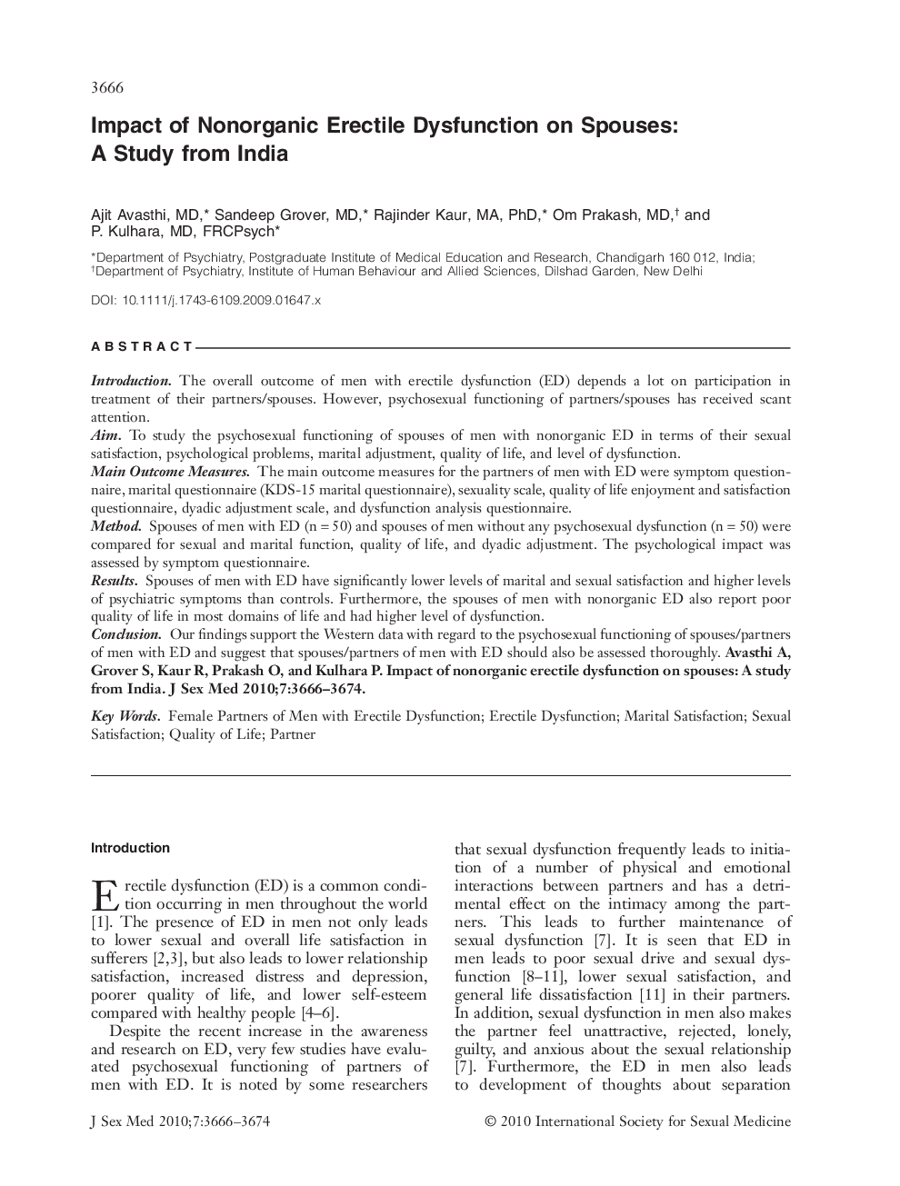 Impact of Nonorganic Erectile Dysfunction on Spouses: A Study from India