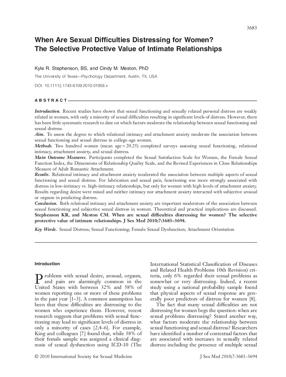 When Are Sexual Difficulties Distressing for Women? The Selective Protective Value of Intimate Relationships