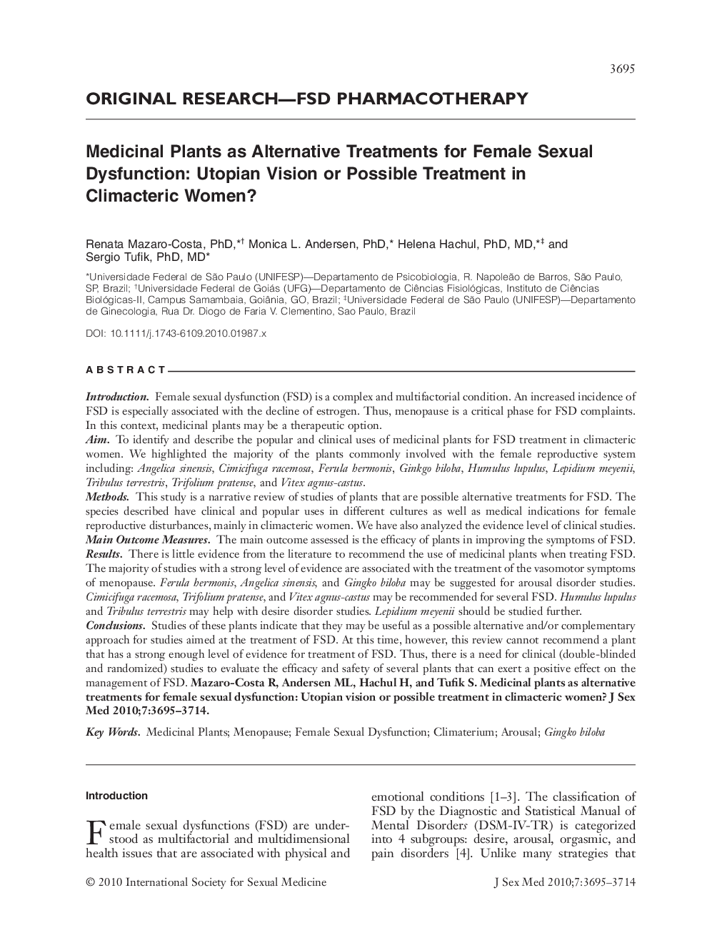 Medicinal Plants as Alternative Treatments for Female Sexual Dysfunction: Utopian Vision or Possible Treatment in Climacteric Women?