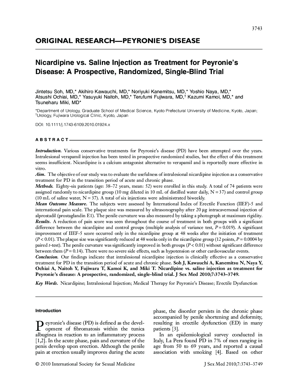 Nicardipine vs. Saline Injection as Treatment for Peyronie's Disease: A Prospective, Randomized, Single-Blind Trial