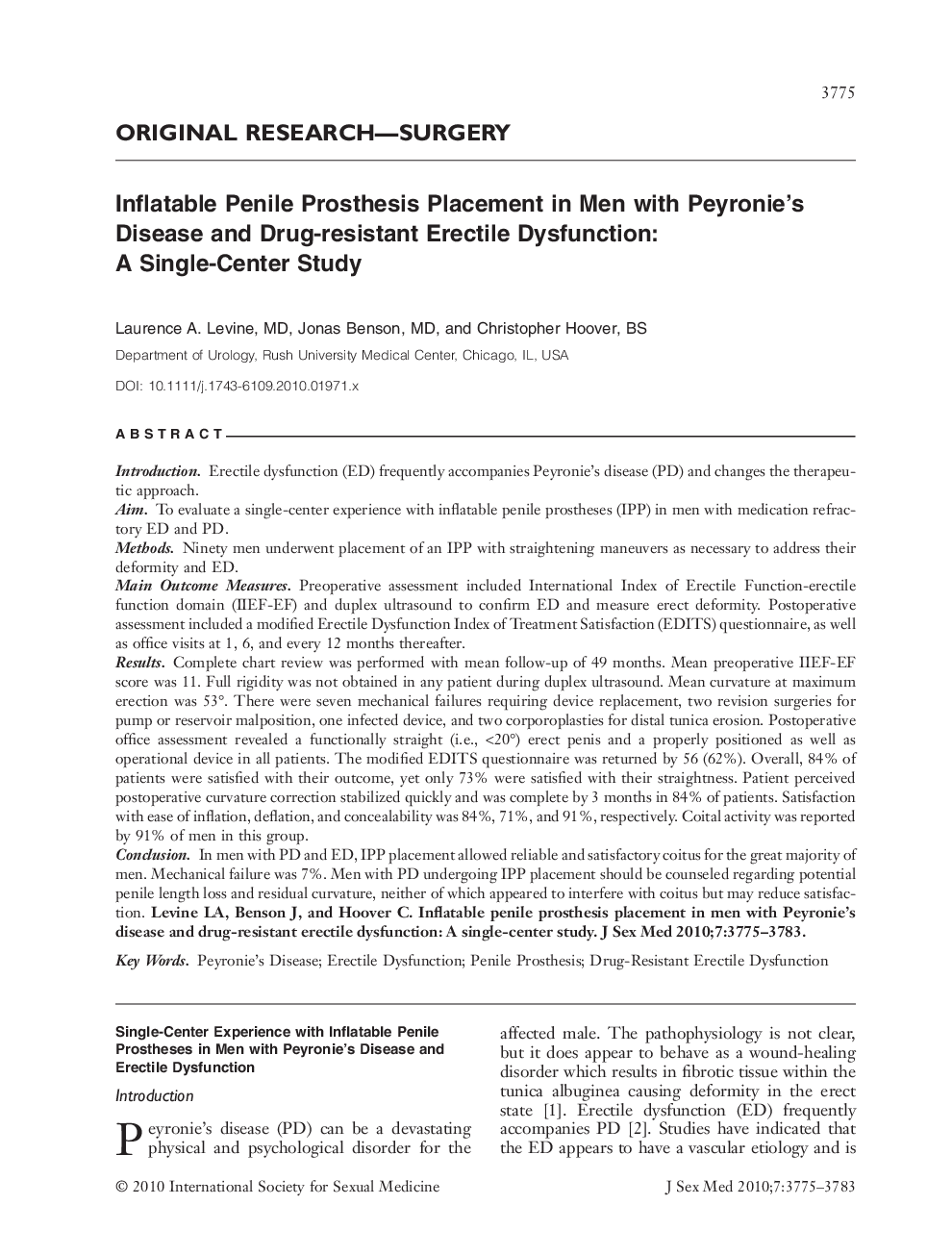 Inflatable Penile Prosthesis Placement in Men with Peyronie's Disease and Drug-resistant Erectile Dysfunction: A Single-Center Study