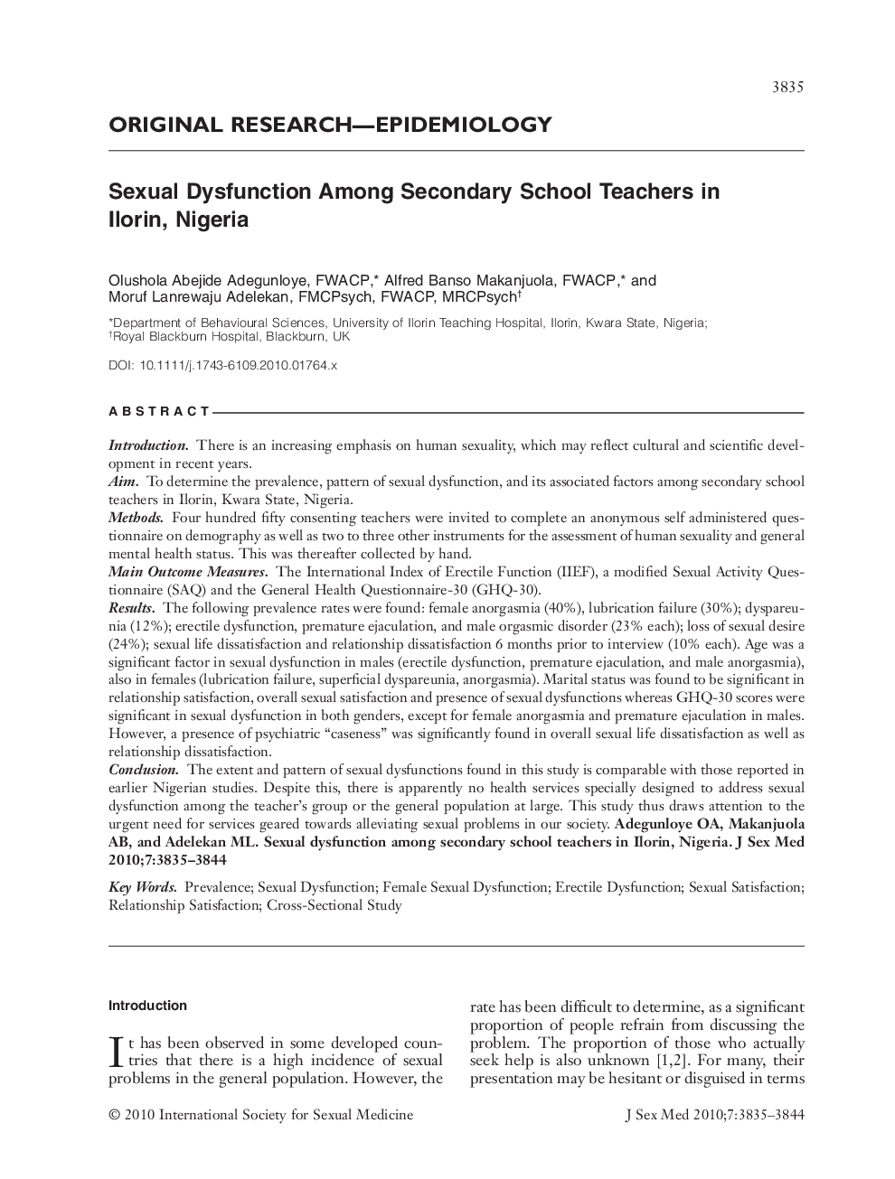 Sexual Dysfunction Among Secondary School Teachers in Ilorin, Nigeria