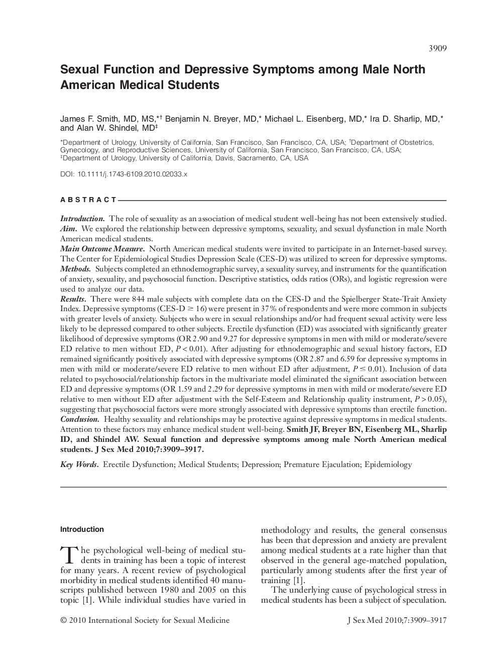 Sexual Function and Depressive Symptoms among Male North American Medical Students