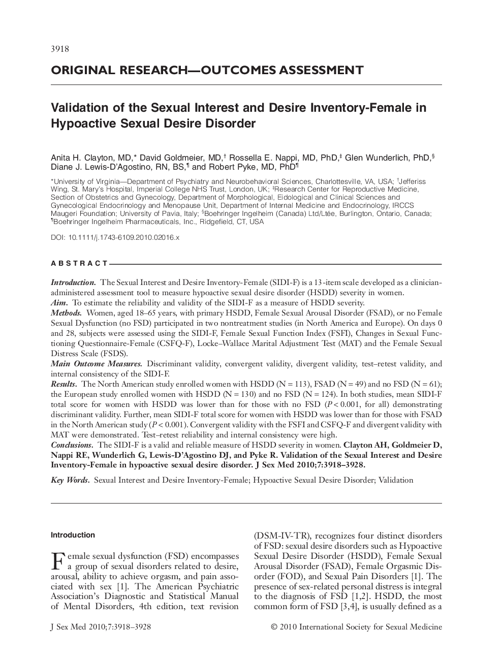 Validation of the Sexual Interest and Desire Inventory-Female in Hypoactive Sexual Desire Disorder
