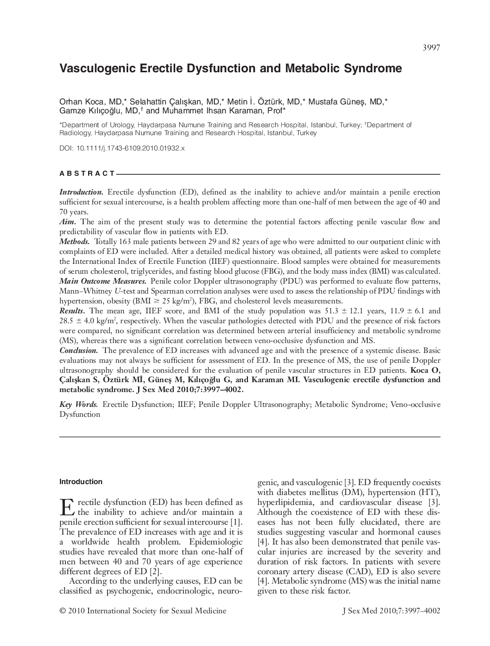 Vasculogenic Erectile Dysfunction and Metabolic Syndrome