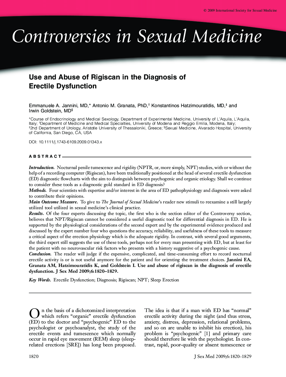 Controversies in Sexual Medicine: Use and Abuse of Rigiscan in the Diagnosis of Erectile Dysfunction