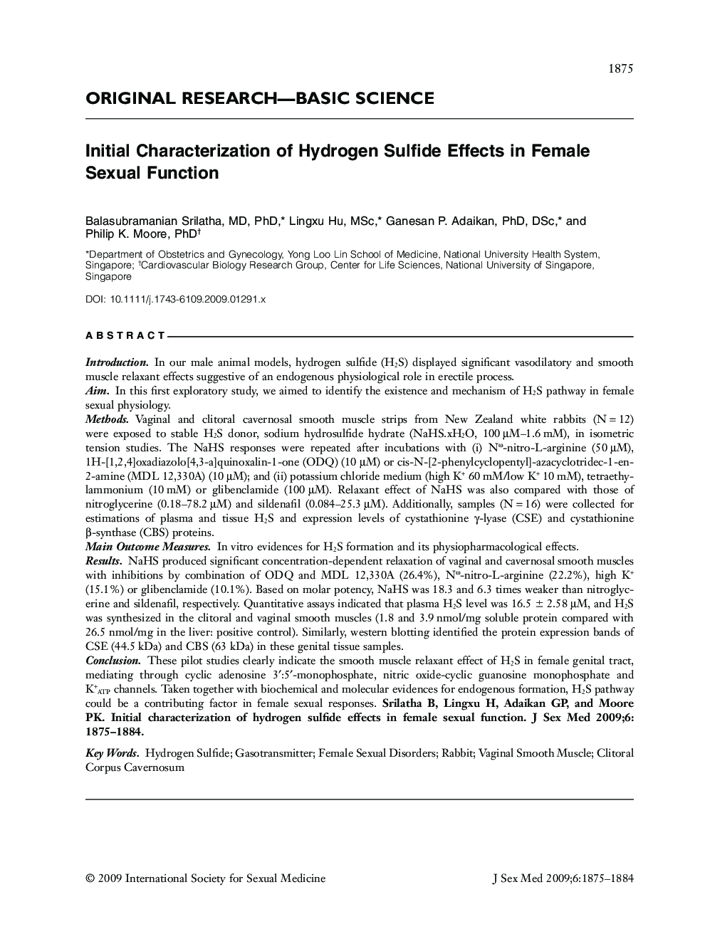 ORIGINAL RESEARCH-BASIC SCIENCE: Initial Characterization of Hydrogen Sulfide Effects in Female Sexual Function