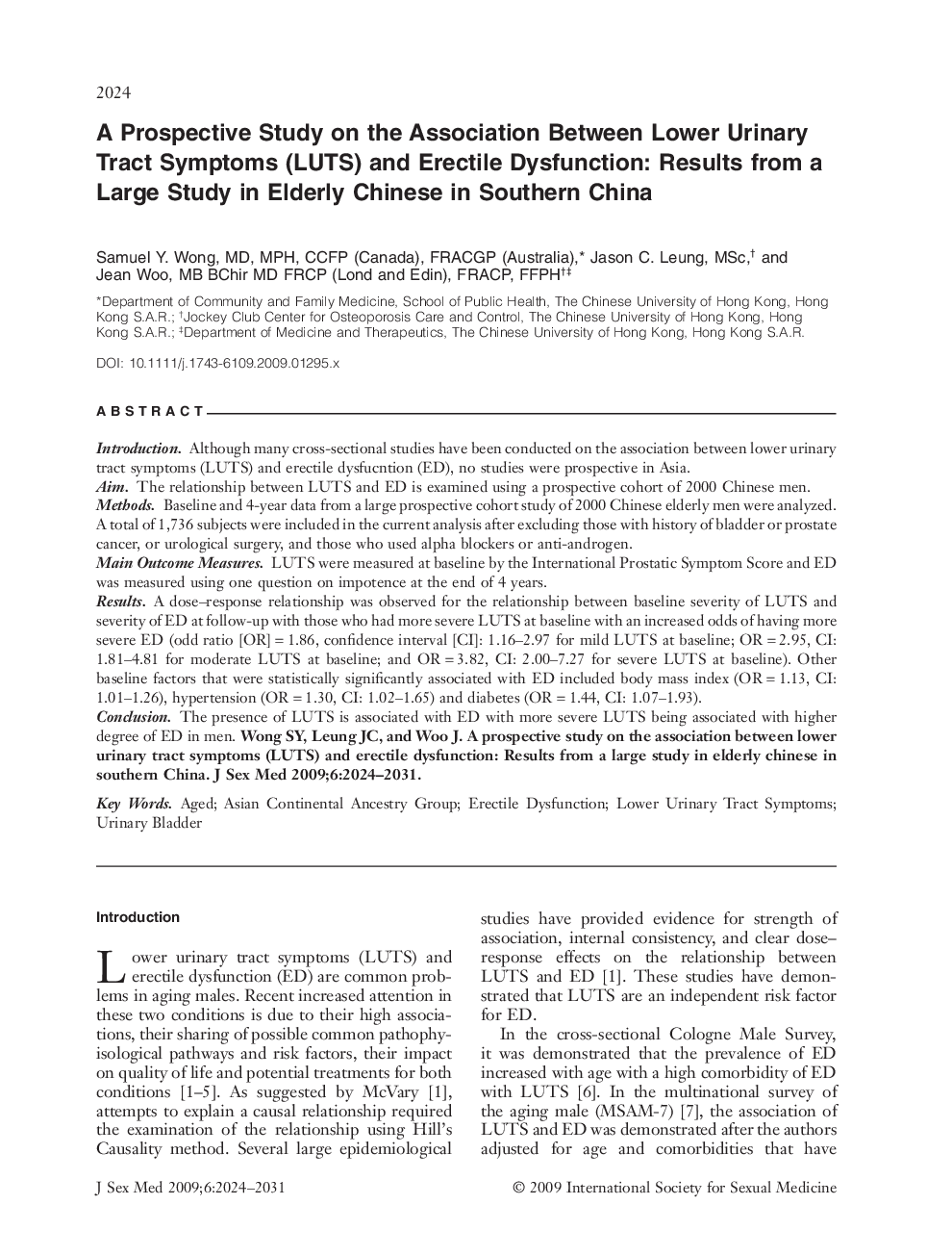 A Prospective Study on the Association Between Lower Urinary Tract Symptoms (LUTS) and Erectile Dysfunction: Results from a Large Study in Elderly Chinese in Southern China