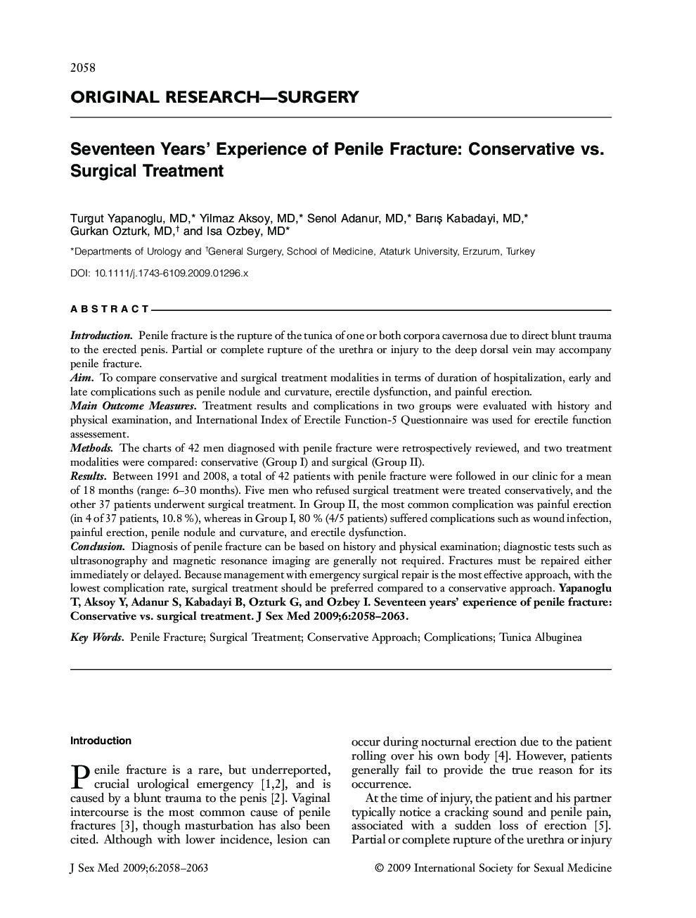 ORIGINAL RESEARCH-SURGERY: Seventeen Years' Experience of Penile Fracture: Conservative vs. Surgical Treatment
