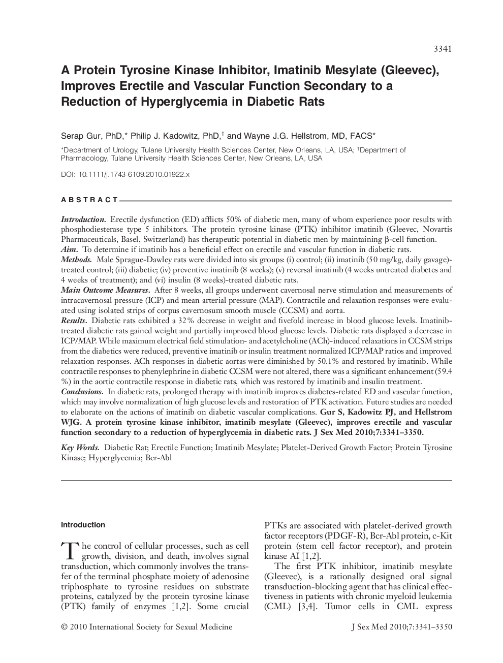 A Protein Tyrosine Kinase Inhibitor, Imatinib Mesylate (Gleevec), Improves Erectile and Vascular Function Secondary to a Reduction of Hyperglycemia in Diabetic Rats