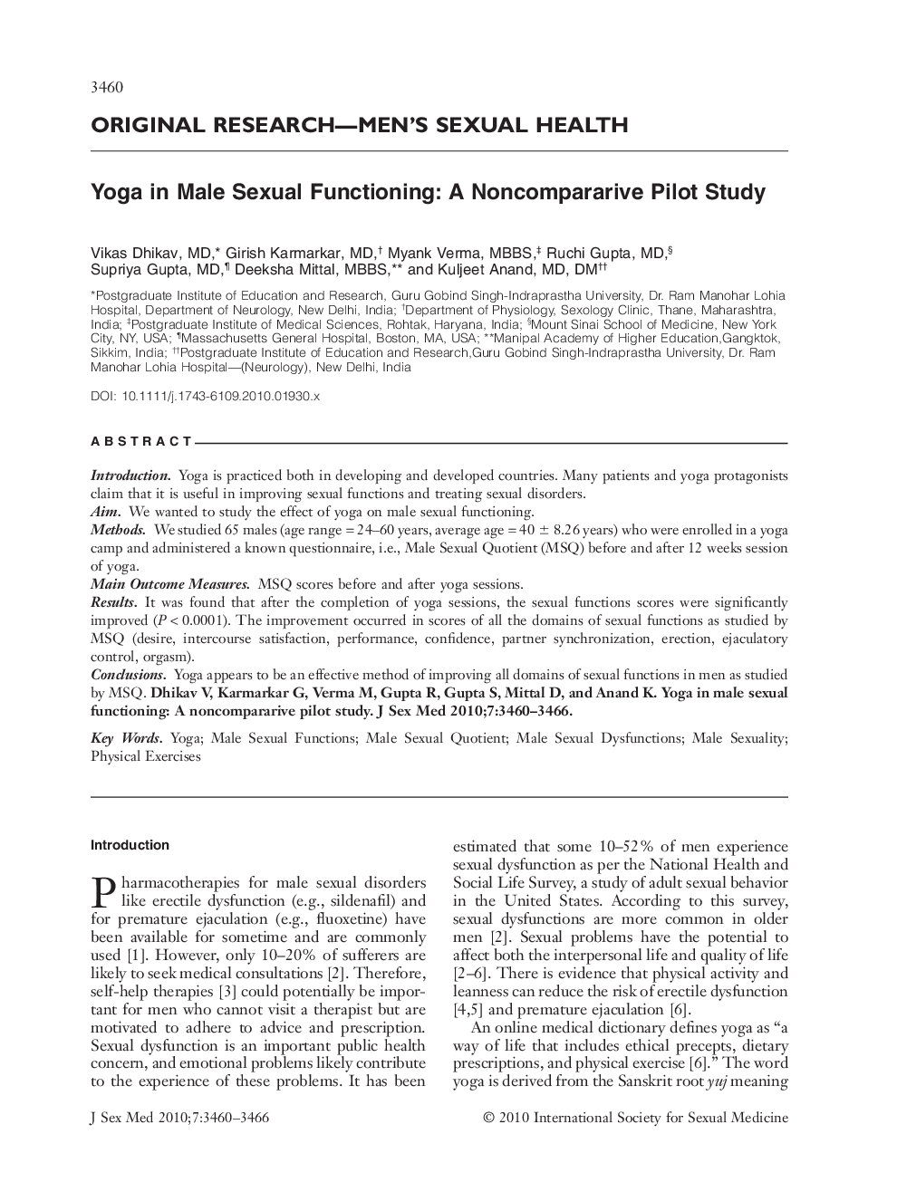 Yoga in Male Sexual Functioning: A Noncompararive Pilot Study