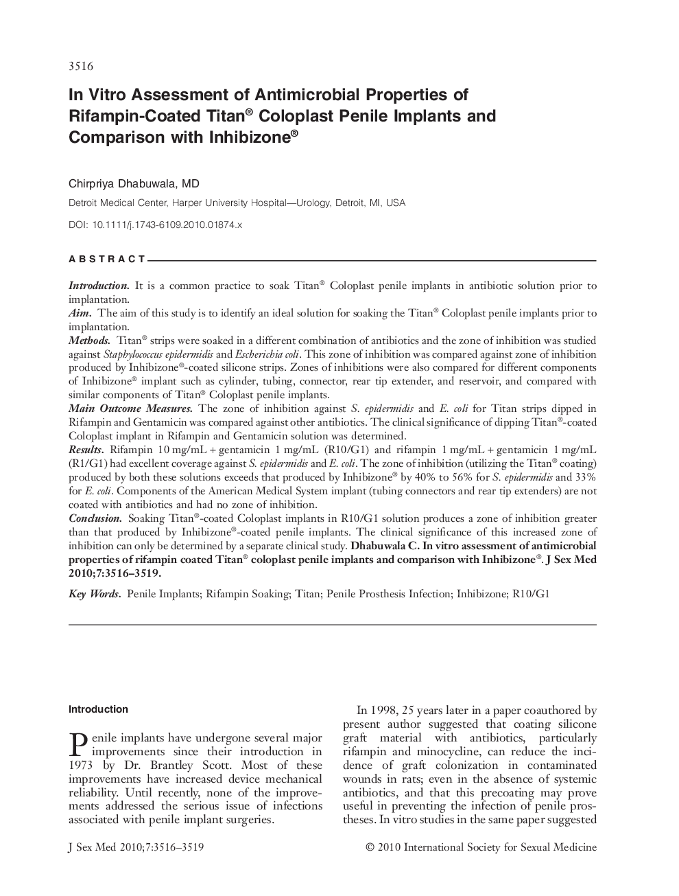 In Vitro Assessment of Antimicrobial Properties of Rifampin-Coated Titan® Coloplast Penile Implants and Comparison with Inhibizone®