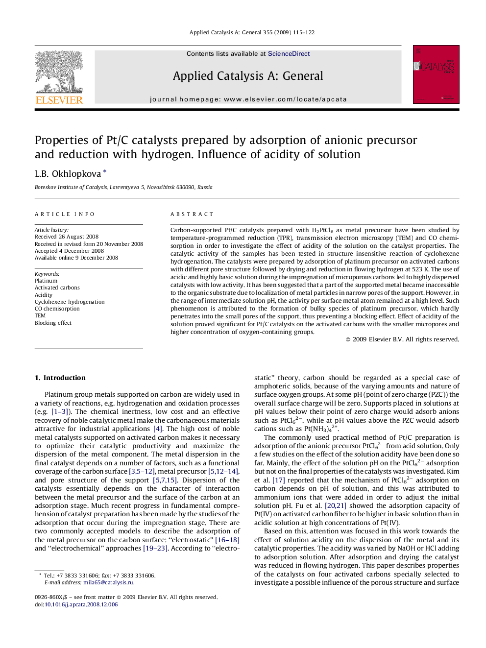 Properties of Pt/C catalysts prepared by adsorption of anionic precursor and reduction with hydrogen. Influence of acidity of solution