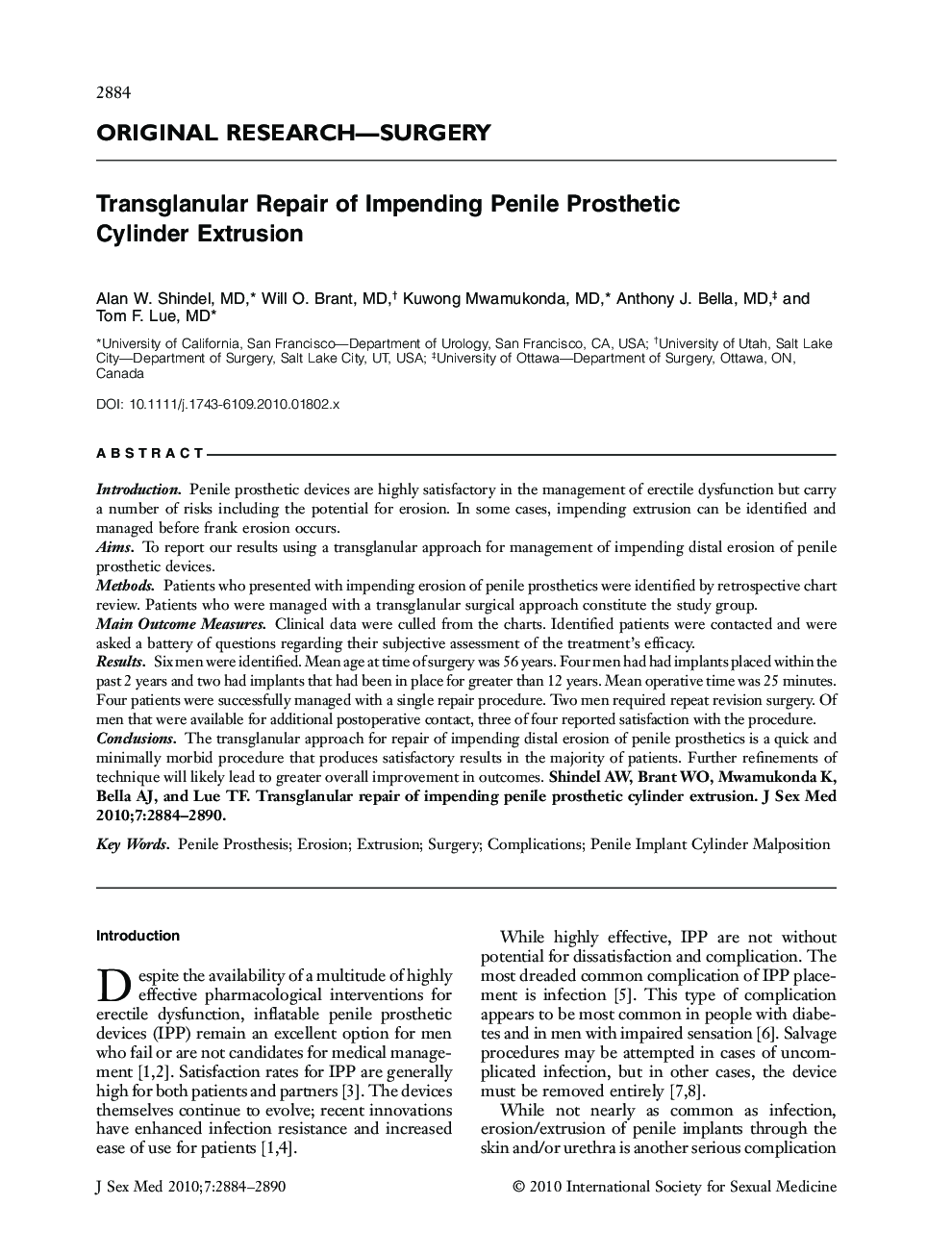 Transglanular Repair of Impending Penile Prosthetic Cylinder Extrusion