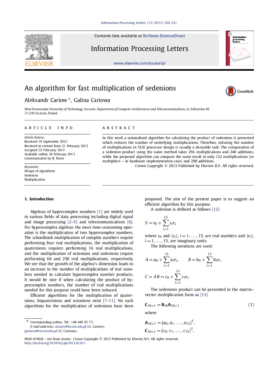 An algorithm for fast multiplication of sedenions